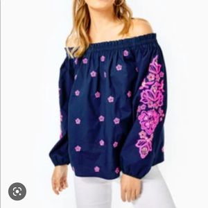 Lilly Pulitzer Jaeda Off the Shoulder Top in Navy - Size Small